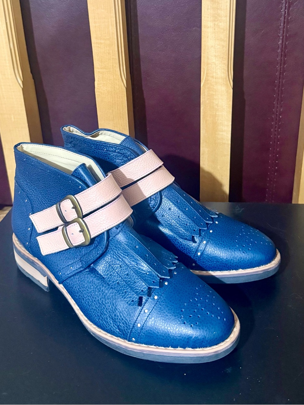 NWOT Ana Maria Dessin Handmade Leather Monk Strap Kiltie Brogue Boots Blue Pink